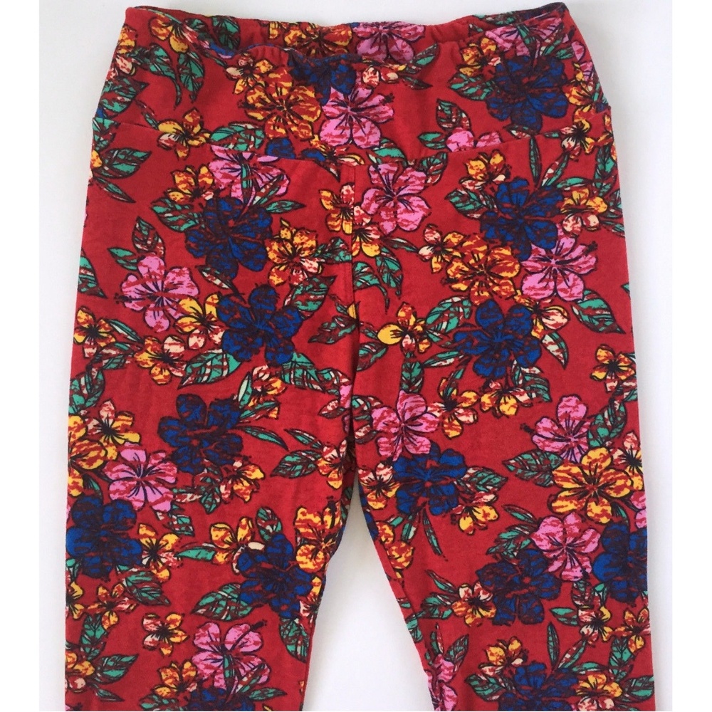 LuLaRoe Red Blue Pink Floral Leggings OS One Size